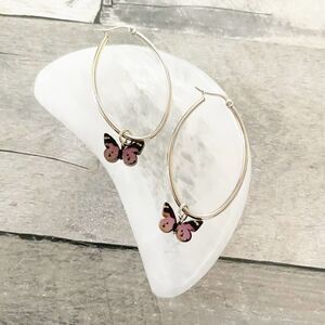 Stainless Steel Wooden Butterfly Hoop Earrings